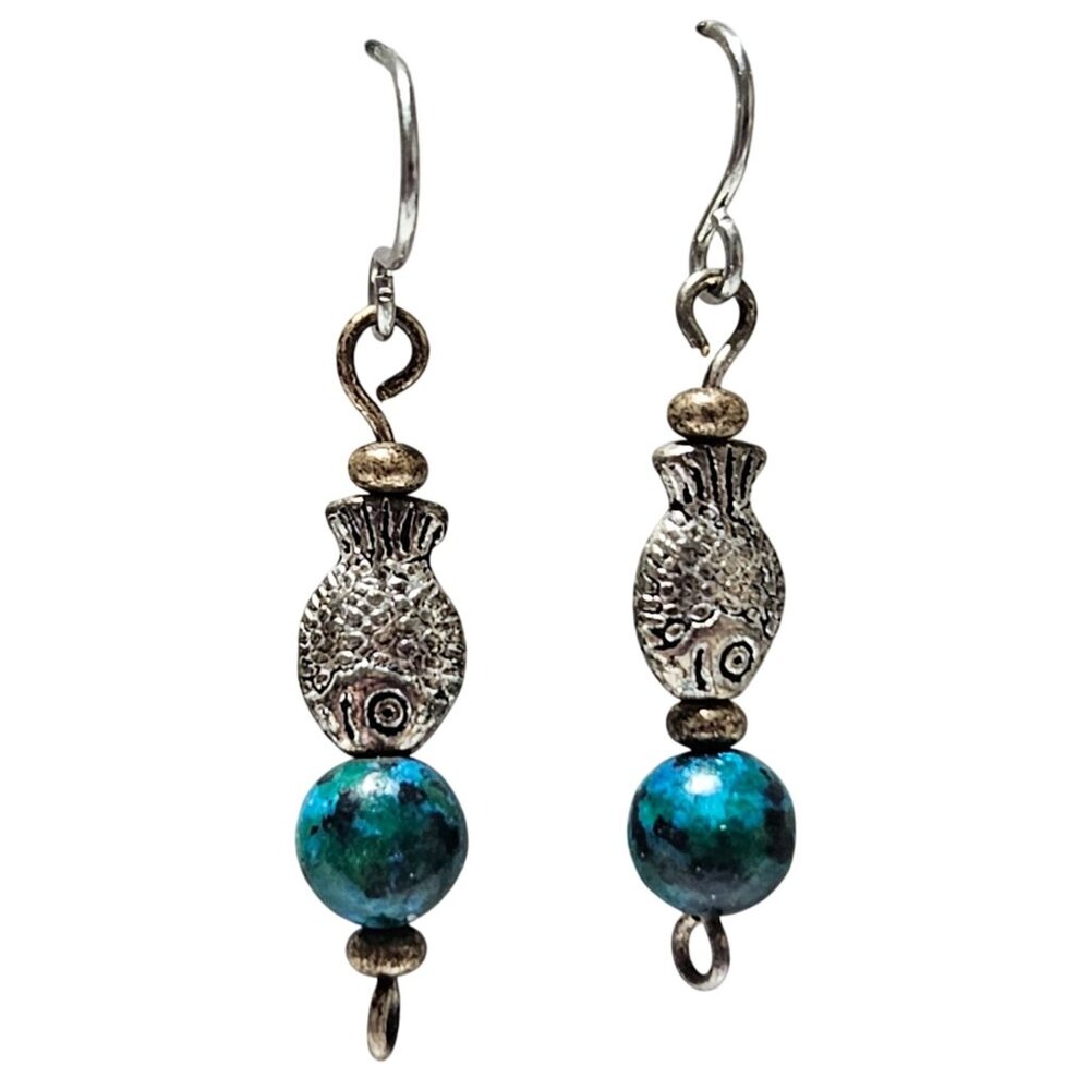 Fun Silver Fish Turquoise Bead Dangle Earrings Fi… - image 1